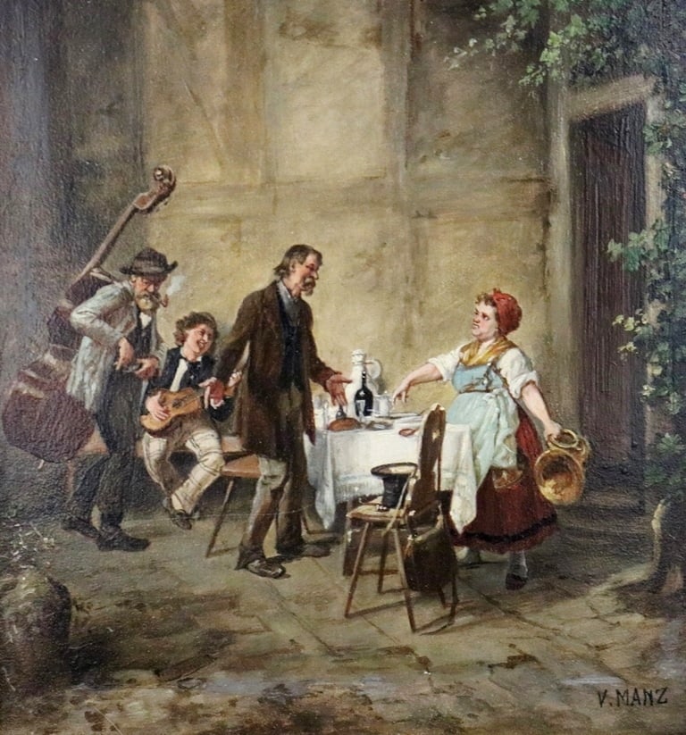 NORTHERN EUROPEAN SCHOOL (19th century). Oil board. Signed "V. Manz" lower right. . Framed. (1 of 20)