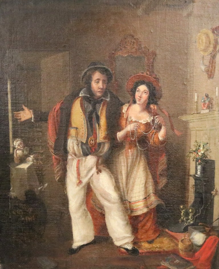 CONTINENTAL SCHOOL (19th century). The Pearl Necklace, Oil on canvas laid down to a board. Unsigned.: CONTINENTAL SCHOOL (19th century). The Pearl Necklace, Oil on canvas laid down to a board. Unsigned. Unframed.(approximate) 20.5 X 17 inches