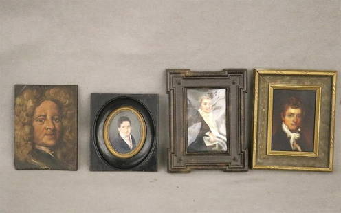 CONTINENTAL AND BRITISH SCHOOL (19th century). Selection of Four small Portraits of Gentlemen,: CONTINENTAL AND BRITISH SCHOOL (19th century). Selection of Four small Portraits of Gentlemen, Selection of four framed oil on board, copper, vellum, and/or wood portraits. All framed. (approximate) A