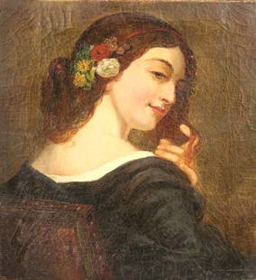 CONTINENTAL SCHOOL (19th century). Young Lady's Portrait, Oil on canvas. Unsigned. Unframed.: CONTINENTAL SCHOOL (19th century). Young Lady's Portrait, Oil on canvas. Unsigned. Unframed. (approximate) 11.5 X 10.5 inches