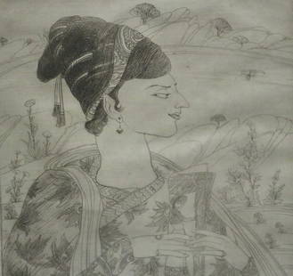ABDUR RAHMAN CHUGHTAI (Pakistani, 1894 - 1975). Mughal Artist, circa 1969, Etching on paper. Pencil: ABDUR RAHMAN CHUGHTAI (Pakistani, 1894 - 1975). Mughal Artist, circa 1969, Etching on paper. Pencil signed and titled at base. Framed. Not examined out of frame. Note: Acquired in 1969 while the consi