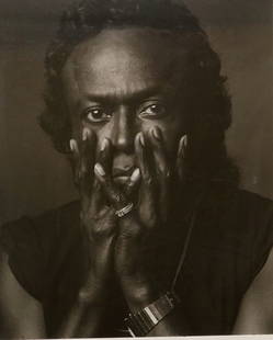 ANNIE LEIBOVITZ (American, born 1949). Portrait of Miles Davis, circa 1989, Photograph. Unsigned.: ANNIE LEIBOVITZ (American, born 1949). Portrait of Miles Davis, circa 1989, Photograph. Unsigned. Developed and processed from an original film negative at MV Labs (NYC) by master printer Jim Megargee