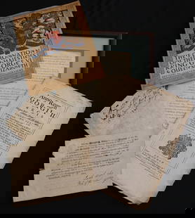 THREE ITEMS 18TH, 19TH AND 20TH CENTURY ENGLISH HISTORICAL EPHEMERA,: THREE ITEMS 18TH, 19TH AND 20TH CENTURY ENGLISH HISTORICAL EPHEMERA. Reformed Protestant Dutch Church, Kinderhook, pew deed, 1815, with autograph signatures, 6 1/4 in. x 8 in.; George III printed Par