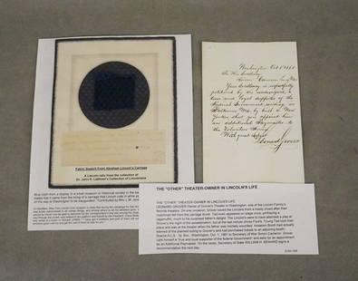 TWO ITEMS MID-19TH CENTURY ABRAHAM LINCOLN RELATED EPHEMERA. Including dark blue fabric swatch from: TWO ITEMS MID-19TH CENTURY ABRAHAM LINCOLN RELATED EPHEMERA.  Including dark blue fabric swatch from interior of carriage in which Lincoln rode while passing through Westfield, NY, on his way to Washi