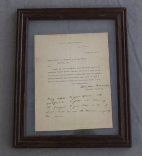 THEODORE ROOSEVELT AS ASSISTANT SECRETARY OF U.S. NAVY. Typed letter with autograph lines added, and: THEODORE ROOSEVELT AS ASSISTANT SECRETARY OF U.S. NAVY.  Typed letter with autograph lines added, and autograph signature, dated August 21, 1897, on Navy Department stationery, to Lieutenant Henry S.