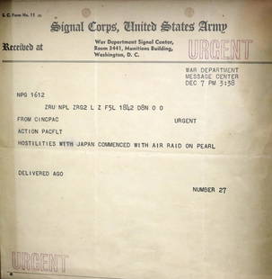 HISTORICALLY IMPORTANT U.S. WORLD WAR II/PEARL HARBOR TELEGRAM TRANSMITTING FIRST NEWS OF BOMBING OF: HISTORICALLY IMPORTANT U.S. WORLD WAR II/PEARL HARBOR TELEGRAM TRANSMITTING FIRST NEWS OF BOMBING OF PEARL HARBOR TO WAR DEPARTMENT, WASHINGTON, DC. Urgent message from Signal Corps, United States Ar