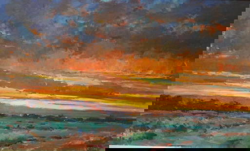 JOSEPH BREZA (American, 20th century). Colorful Sunset, Oil on canvas painting likely depicting a: JOSEPH BREZA (American, 20th century). Colorful Sunset, Oil on canvas painting likely depicting a sunset or sunrise scene. Breza is an American artist known for his impressionistic landscapes, often f