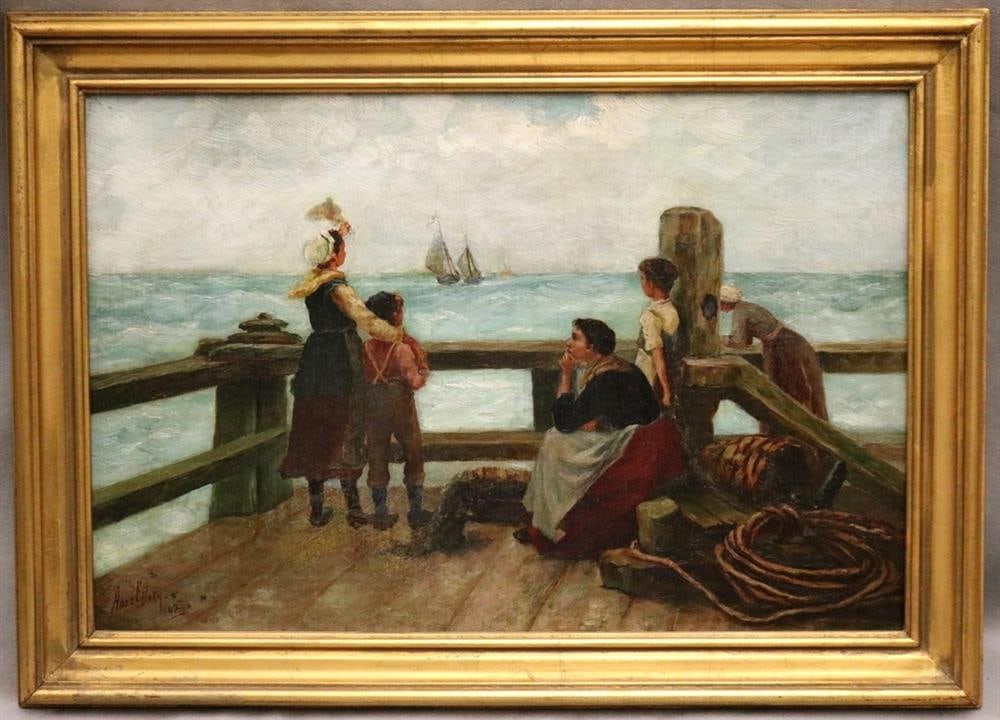 ANNA ELIZABETH MATHEWS DOTY (American 1861-1938). Figures on dock waving farewell to ships at sea, (1 of 15)