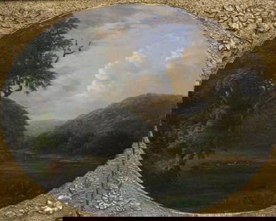 AMERICAN SCHOOL (19th century). New York State's Adirondacks, Oil on board. Unsigned. Framed.: AMERICAN SCHOOL (19th century). New York State's Adirondacks, Oil on board. Unsigned. Framed. - 9 x 11 inches; frame: 14 x 15 inches