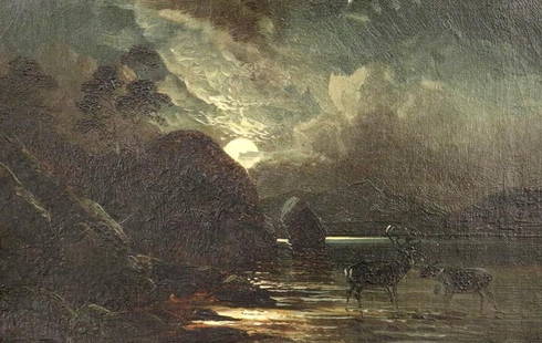 CLARENCE H. ROE (English, 1850-1909). Nocturnal Scene, Oil on Canvas, Signed lower right. Framed.: CLARENCE H. ROE (English, 1850-1909). Nocturnal Scene, Oil on Canvas, Signed lower right. Framed. - Sight size 7 1/2"h x 11 1/2" w