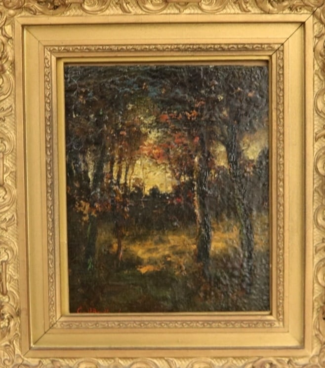 GEORGE HAMILTON BRODHEAD (American, mid-19th century (born 1860). Woodland Clearing, Oil on canvas.: GEORGE HAMILTON BRODHEAD (American, mid-19th century (born 1860). Woodland Clearing, Oil on canvas. Signed lower left. Framed. - 6.5 x 7 inches; Frame: 12 x 14 inches