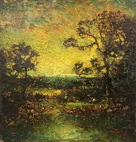 HUDSON MINDELL KITCHELL (American, 1862-1944). Twilight Silhouettes, Oil on board. Signed lower
