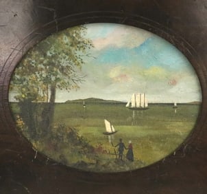 AMERICAN SCHOOL (19th century). Landscape with Boats, Oil on board. Unsigned. Framed.