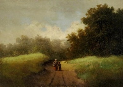 FRENCH SCHOOL (19th century). Mother and Son Walking to the Market, Oil on board. Unsigned.