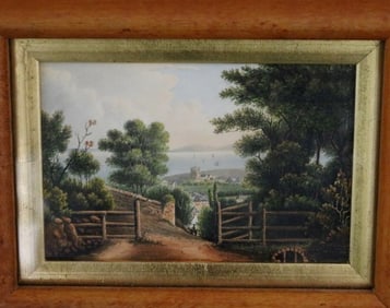 ITALIAN SCHOOL (19th century). Lake View with Ruins, Oil on board. Unsigned. Framed under glass. Not