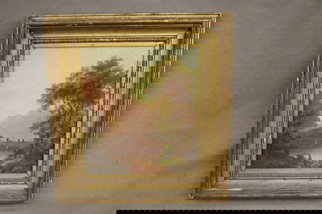 ITALIAN SCHOOL (19th century). Arcadian Landscape, Oil on canvas. Unsigned. Framed.: ITALIAN SCHOOL (19th century). Arcadian Landscape, Oil on canvas. Unsigned. Framed. (approximate) 10 X 9 inches; Frame: 15 X 14 inches
