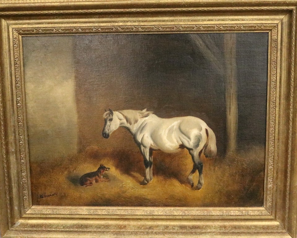 ATTRIBUTED TO ALFRED JOHN WHEELER (English, 1821-1903). White Horse and a Dog in a Stable, Oil on (1 of 20)
