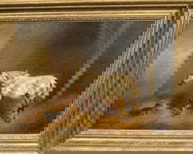 ATTRIBUTED TO ALFRED JOHN WHEELER (English, 1821-1903). White Horse and a Dog in a Stable, Oil on: ATTRIBUTED TO ALFRED JOHN WHEELER (English, 1821-1903). White Horse and a Dog in a Stable, Oil on canvas. Signed lower left hand corner. Framed. - 14 x 19.5 inches; frame: 20 x 24.5 inches