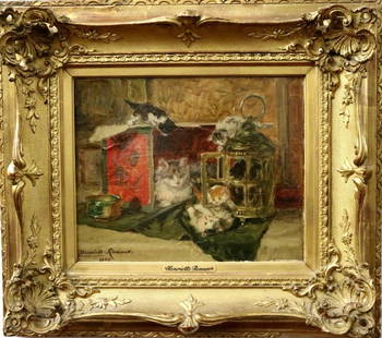 HENRIETTE RONNER-KNIP (Dutch / Belgian, 1821 - 1909). Cats with Four Kittens Playing with a Copper: HENRIETTE RONNER-KNIP (Dutch / Belgian, 1821 - 1909). Cats with Four Kittens Playing with a Copper Lantern and Red Teabox, 1900, Signed and dated lower left. Oil on panel. Carved and gilt frame origin