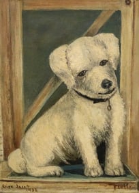LISE JACOT (20th century). Fluff, 1932, Oil on board featuring a Wire Fox Terrier puppy. Signed,