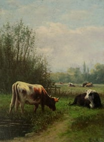 WILLIAM FREDERICK HULK (British / Flemish, 1852-1906). Landscape with Cattle, Oil on board. Signed