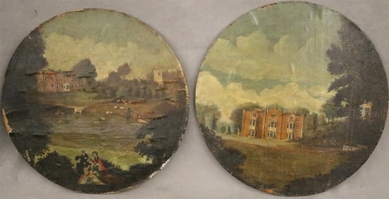ENGLISH SCHOOL (19th century). Two Works: Views of Countryside Manors, Oil on canvas laid down to