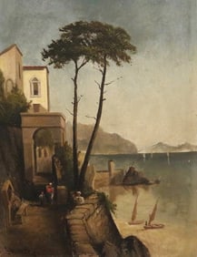 ITALIAN SCHOOL (19th century). Bay of Naples, Oil on board. Unsigned. Unframed.