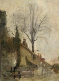 CONTINENTAL SCHOOL (Mid-20th century). Late October Urban Landscape. Oil on board. Unsigned. Verso