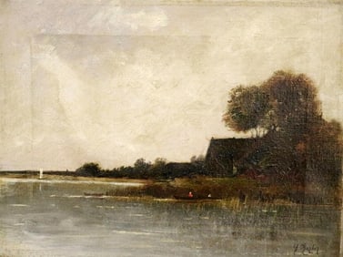 NORTHERN CONTINENTAL SCHOOL (19th century). River View, Oil on canvas. Illegibly signed lower right