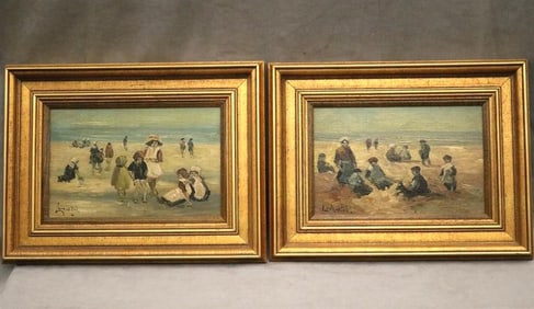 LOUIS VAN DER POL (Dutch, 1896-1982). Two Works: Children Enjoying Sunday at the Beach, Two oil on