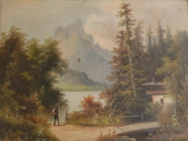 GERMAN SCHOOL (19th / 20th century). Bavarian Landscape with Hunter and Dog, (for restoration). Oil