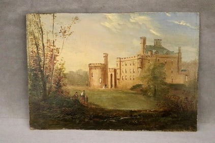 SCOTTISH SCHOOL (19th century). View of Dalhousie Castle, Oil on board. Illegally signed lower right