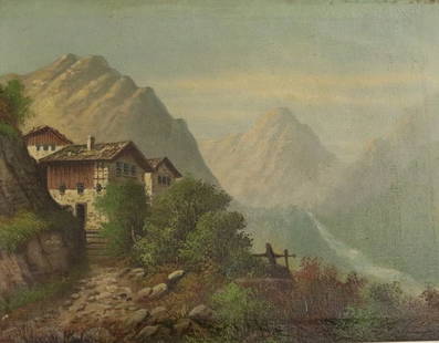 AFTER WILHELM THEODOR NOCKEN (German, 19th century). Alpine Landscape, Oil on canvas. Unsigned.: AFTER WILHELM THEODOR NOCKEN (German, 19th century). Alpine Landscape, Oil on canvas. Unsigned. Framed. - 19.75 x 15.5 inches; Frame: 25.75 x 21.25 inches