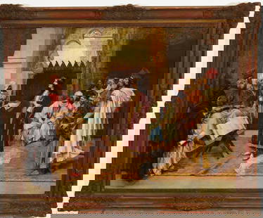 CLEMENT PUJOL DE GUASTAVINO (Spanish / French, 1850 - 1905). Audience Before the Emir, Signed C.: CLEMENT PUJOL DE GUASTAVINO (Spanish / French, 1850 - 1905). Audience Before the Emir, Signed C. Pujol lower right. Oil on panel. Framed. - Sight: 30.5 x 38.5 inches; frame: 38.5 x 46 inches