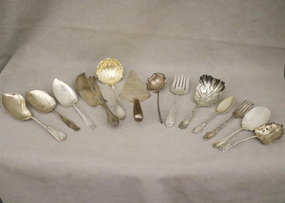 TWELVE ASSORTED STERLING SILVER IMPLEMENTS AND A TREEN-HANDLE STERLING TROWEL. late 19th -early 20th (1 of 10)