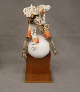 MEISSEN PORCELAIN FIGURINE OF BARON VON MÜNCHHAUSEN,: MEISSEN PORCELAIN FIGURINE OF BARON VON MÜNCHHAUSEN.  Hand painted porcelain figurine depicting hand painted porcelain figurine depicting Baron von Münchhausen flying over the moon