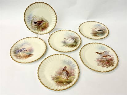 SET TWELVE ENGLISH HAND-PAINTED POLYCHROMED PORCELAIN GAME PLATES BY EDWIN J.D. BODLEY, BURSLEM,: SET TWELVE ENGLISH HAND-PAINTED POLYCHROMED PORCELAIN GAME PLATES BY EDWIN J.D. BODLEY, BURSLEM, 19th century. Scalloped edges, gilt accents - D: 9 in.