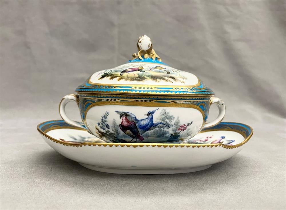 SEVRES PORCELAIN COVERED ECUELLE-ON-STAND, CIRCA 1775, 18th century. - With stand, L: 8 3/4 in. (1 of 16)