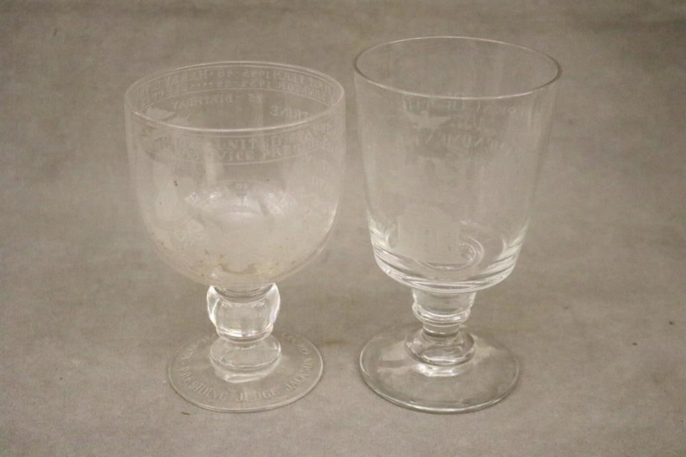 TWO AMERICAN ETCHED COLORLESS GLASS GOBLETS, 20th century. - Taller, H: 7 in. (1 of 12)