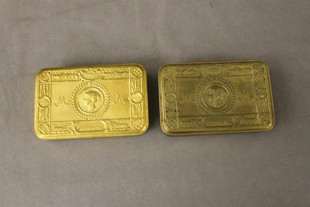 TWO ENGLISH "PRINCESS MARY" HINGED-TOP BRASS BOXES, 1914, - Each, 3 3/8 in. x 5 1/8 in. (1 of 3)