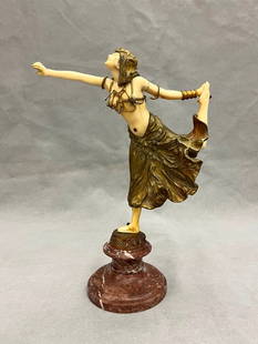 CLAIRE JEANNE ROBERT COLINET (French, 1880-1950). 'EGYPTIAN DANCER, CIRCA 1925, ivory and: CLAIRE JEANNE ROBERT COLINET (French, 1880-1950). 'EGYPTIAN DANCER, CIRCA 1925, ivory and cold-painted, paste-set, and gilded bronze. - 11 1/2 inches with base.