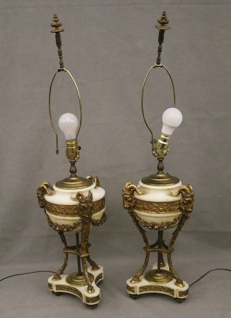 PAIR NEOCLASSICAL WHITE MARBLE TABLE LAMPS WITH BRASS RAM'S HEAD HANDLES AND MOUNTS. - H: 36 in., to (1 of 10)