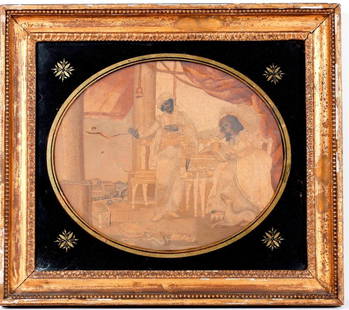 GEORGIAN SILK NEEDLEWORK MOURNING PICTURE WITH ORIGINAL EGLOMISE FRAME. first quarter 19th century.: GEORGIAN SILK NEEDLEWORK MOURNING PICTURE WITH ORIGINAL EGLOMISE FRAME. first quarter 19th century. Ink and watercolor on silk. Oval inset, exceptional stitching and design, beautifully rendered scene