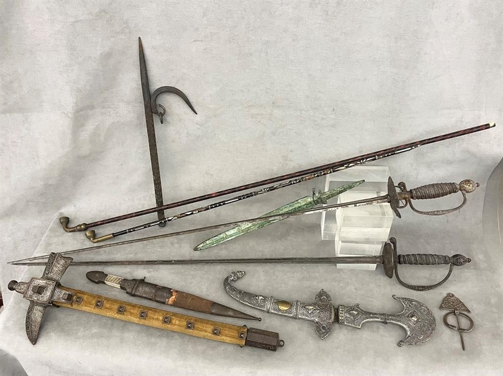 EIGHT ASSORTED MOSTLY 19TH CENTURY PERSIAN WEAPONS AND TWO INLAID LONG-STEMMED PIPES, (1 of 20)