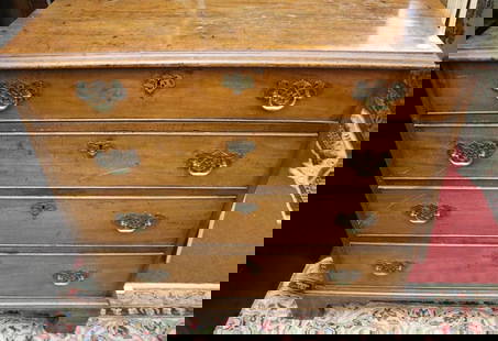 ENGLISH CHIPPENDALE MAHOGANY FOUR-DRAWER CHEST, - H: 33 1/2 in. W: 34 in. D: 20 in.: ENGLISH CHIPPENDALE MAHOGANY FOUR-DRAWER CHEST. Rectangular top with molded edge projects over four graduated full-width drawers with thumbnail molding; bracket feet - H: 33 1/2 in. W: 34 in. D: 20 i