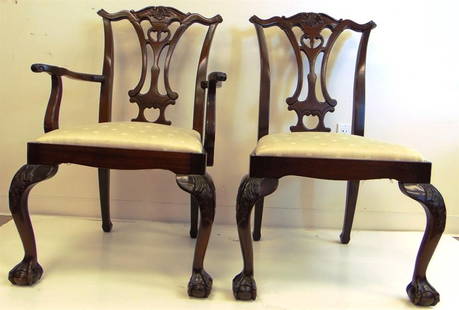 SET EIGHT CHIPPENDALE STYLE CARVED MAHOGANY, SLIP-SEAT DINING CHAIRS,: SET EIGHT CHIPPENDALE STYLE CARVED MAHOGANY, SLIP-SEAT DINING CHAIRS.  Including pair open-arm chairs and six sidechairs. Shell crests over flaring pierced splats; cabriole legs end in claw-and-ball f