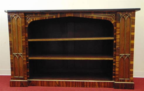 ENGLISH ROSEWOOD CABINET/BOOKCASE WITH VARIOUS MARBLE SPECIMEN PATCHWORK TOP, 19th century. - H: 39: ENGLISH ROSEWOOD CABINET/BOOKCASE WITH VARIOUS MARBLE SPECIMEN PATCHWORK TOP, 19th century. Two shelves centered by pair narrow cabinet doors, with applied brass Gothic arch panel outlining; plinth ba
