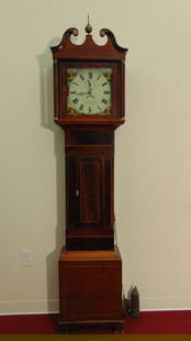 GEORGE III MAHOGANY TALLCASE CLOCK MADE BY J.&J. TRISTLE, WILLISTON, early 19th century. - H: 86 in.: GEORGE III MAHOGANY TALLCASE CLOCK MADE BY J.&J. TRISTLE, WILLISTON, early 19th century. Bonnet has scrolling broken arch pediment applied with brass medallions and centering brass ball-and-spire fini