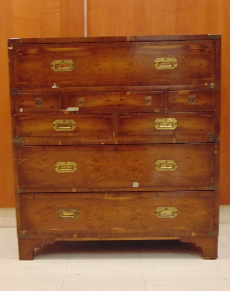 ENGLISH BRASS-MOUNTED BURLWOOD TWO-PART CAMPAIGN DESK, 19th century. - H: 36 in. W: 33 in.; D: 15 (1 of 11)