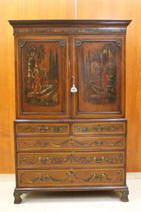 EDWARDIAN GEORGE III STYLE INLAID MAHOGANY AND NEOCLASSICAL-PAINTED LINEN PRESS, CIRCA 1790. -: EDWARDIAN GEORGE III STYLE INLAID MAHOGANY AND NEOCLASSICAL-PAINTED LINEN PRESS, CIRCA 1790. Upper section has flat, dentiled cornice over pair cabinet doors painted with Renaissance figures in palace